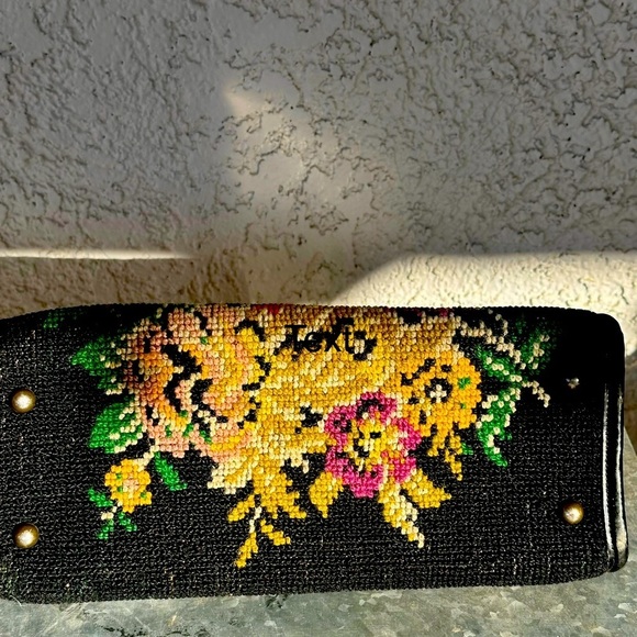 Vintage Petit Point Handbag Black Floral Leather Trimmed Wool Handstitched - Picture 8 of 14